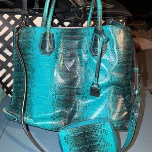 Michael Kors Turquoise Snake Print Tote with matching wallet